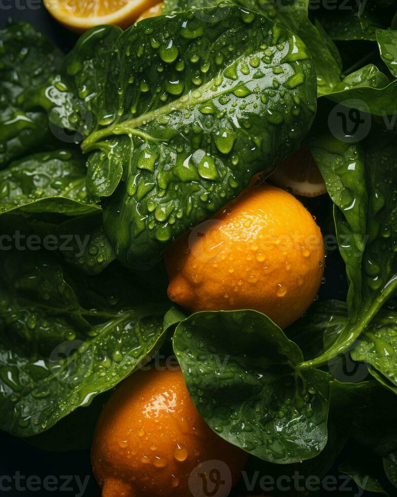 lemon and spinach on a table with water droplets generative ai photo