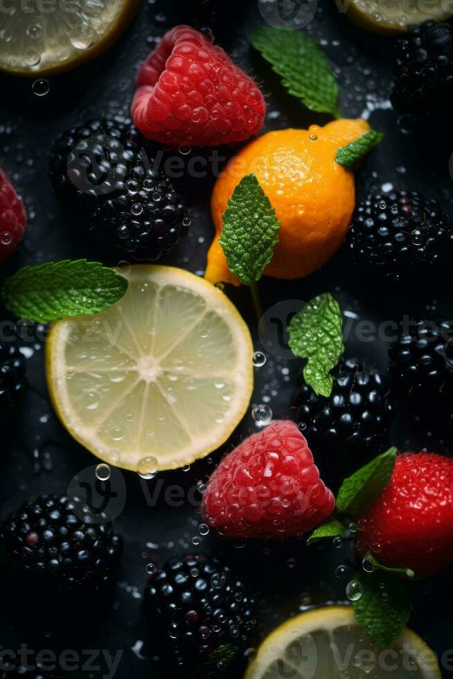 lemon raspberries blackberries and mint on a dark surface generative ai photo