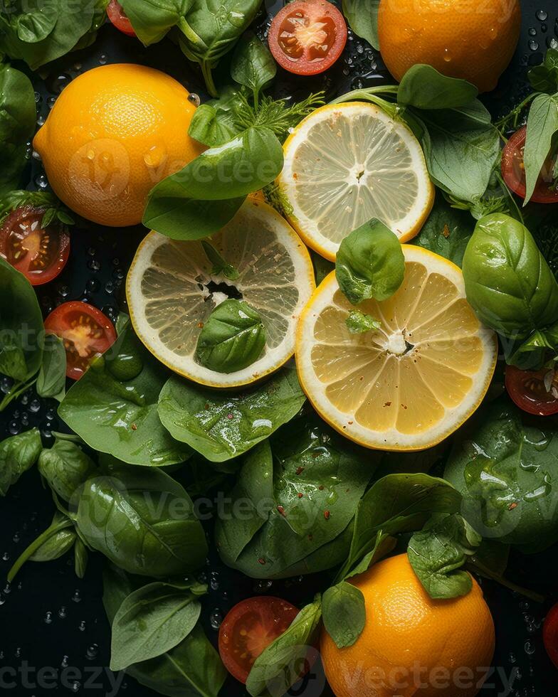 lemon tomatoes basil and spinach on a black background generative ai photo