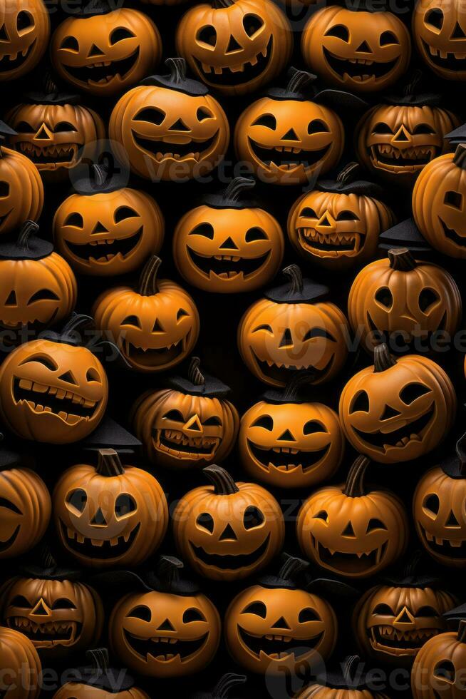 many halloween pumpkins on a black background generative ai photo