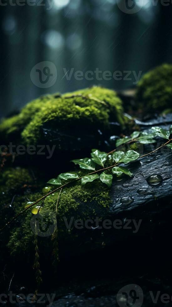 musgo y lluvia en un Iniciar sesión en el bosque generativo ai foto