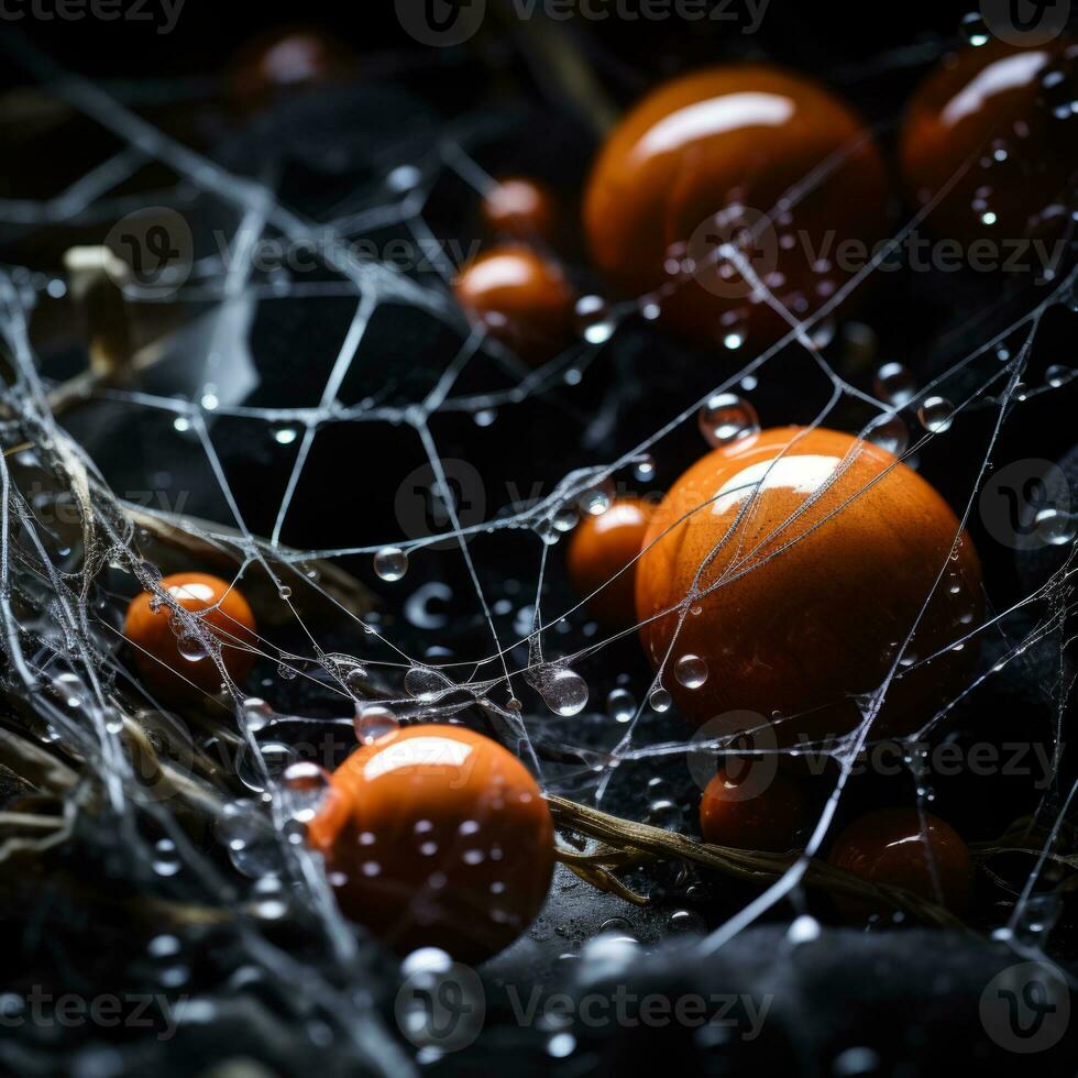 orange balls in spider web with water droplets generative ai photo