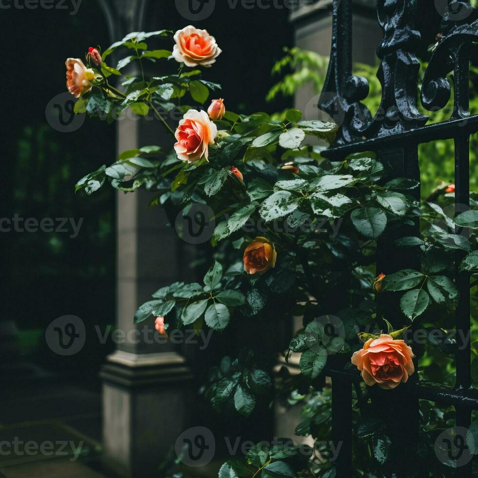 naranja rosas creciente en frente de un hierro cerca generativo ai foto