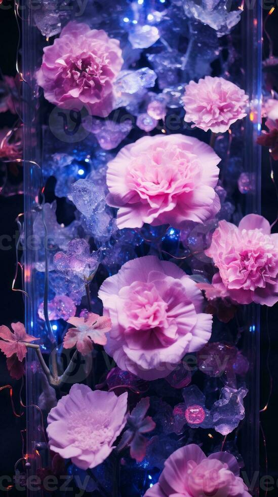 pink flowers in a clear glass container with blue lights generative ai photo