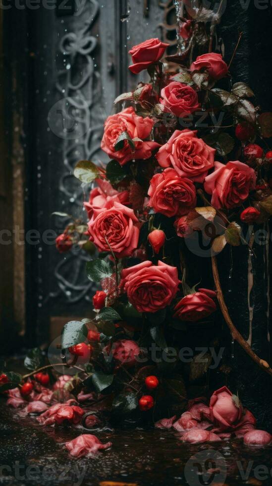 rosado rosas en un florero en el suelo en el lluvia generativo ai foto
