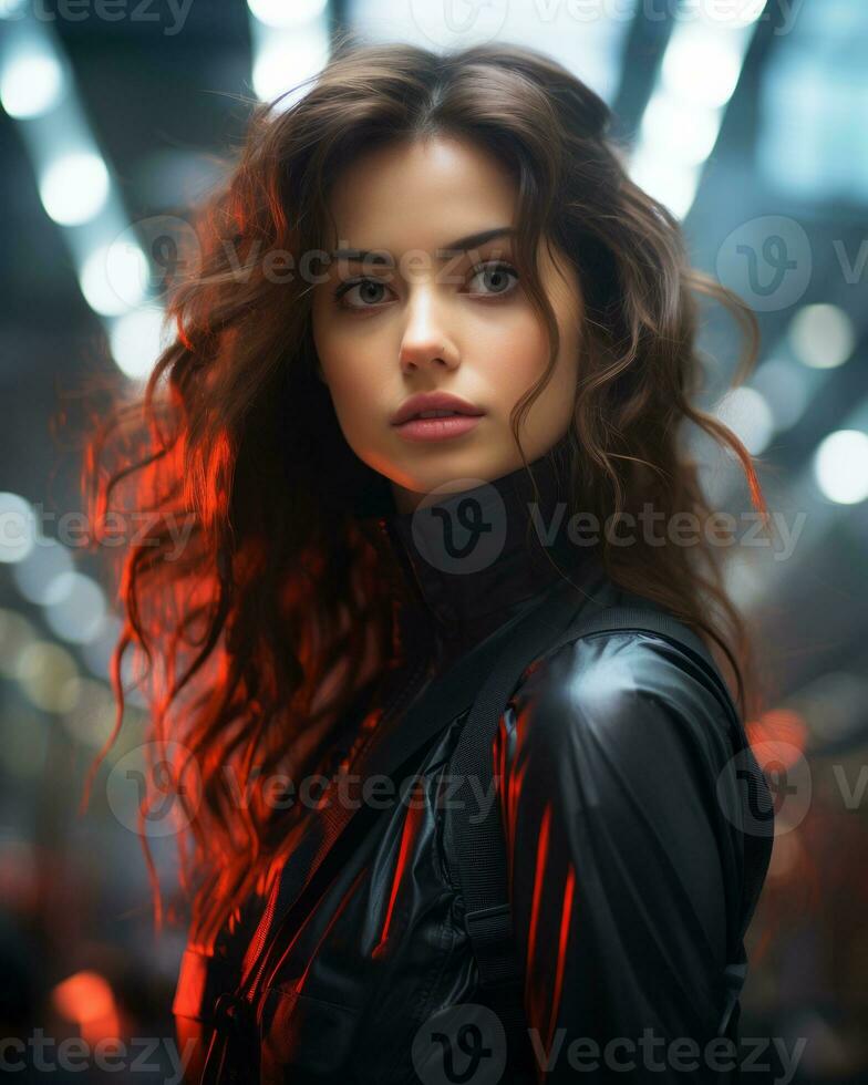 portrait of a beautiful woman in a black leather jacket with red lights in the background generative ai photo