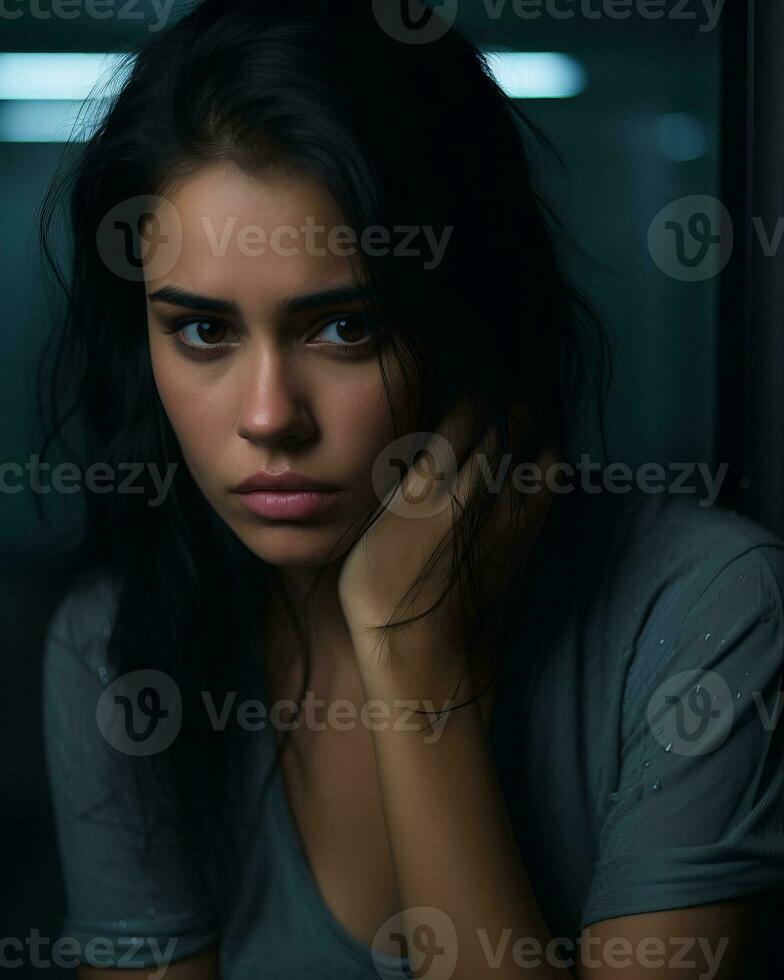 portrait of a young woman in a dark room with her hand on her chin generative ai photo