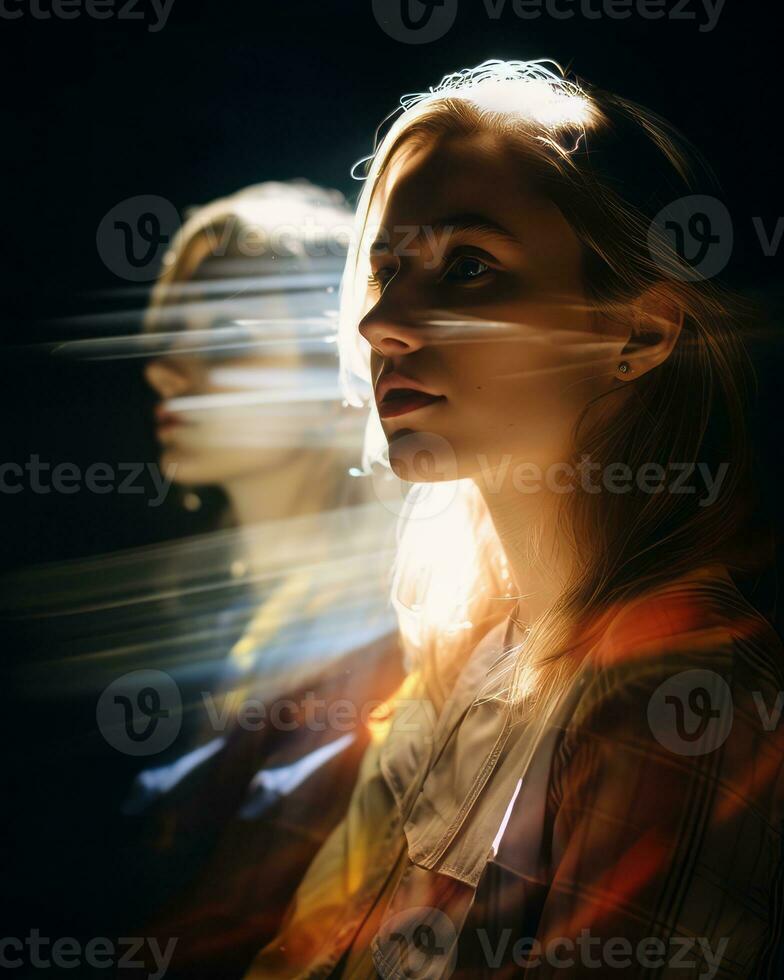 portrait of a young woman in a dark room with light coming from behind her generative ai photo