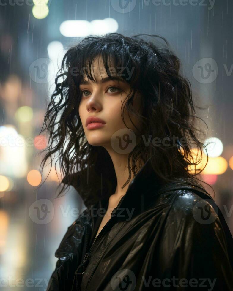 portrait of a young woman in the rain generative ai photo