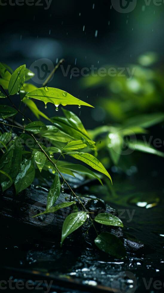 raindrops on the leaves of a tree in the rain generative ai photo