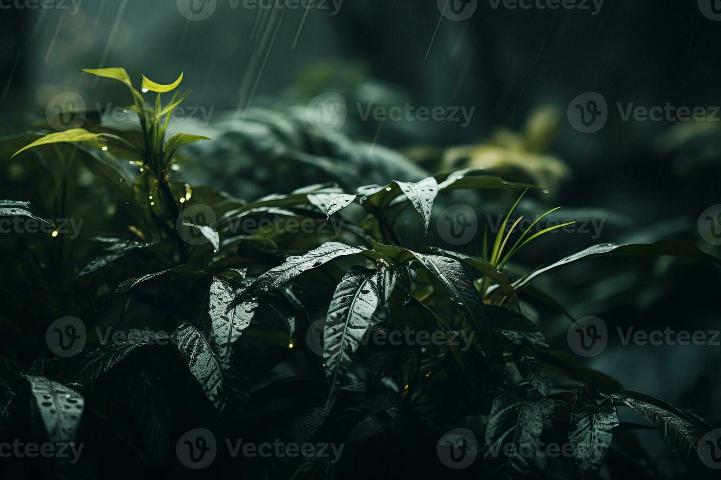 rainy forest with plants and leaves in the rain generative ai photo