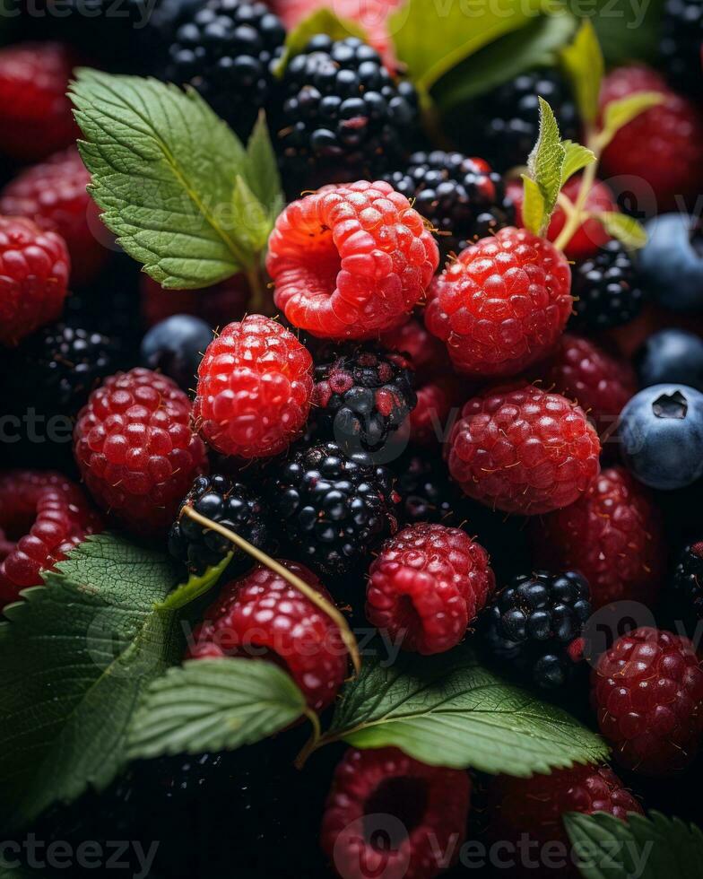 raspberries blackberries and blueberries with leaves generative ai photo