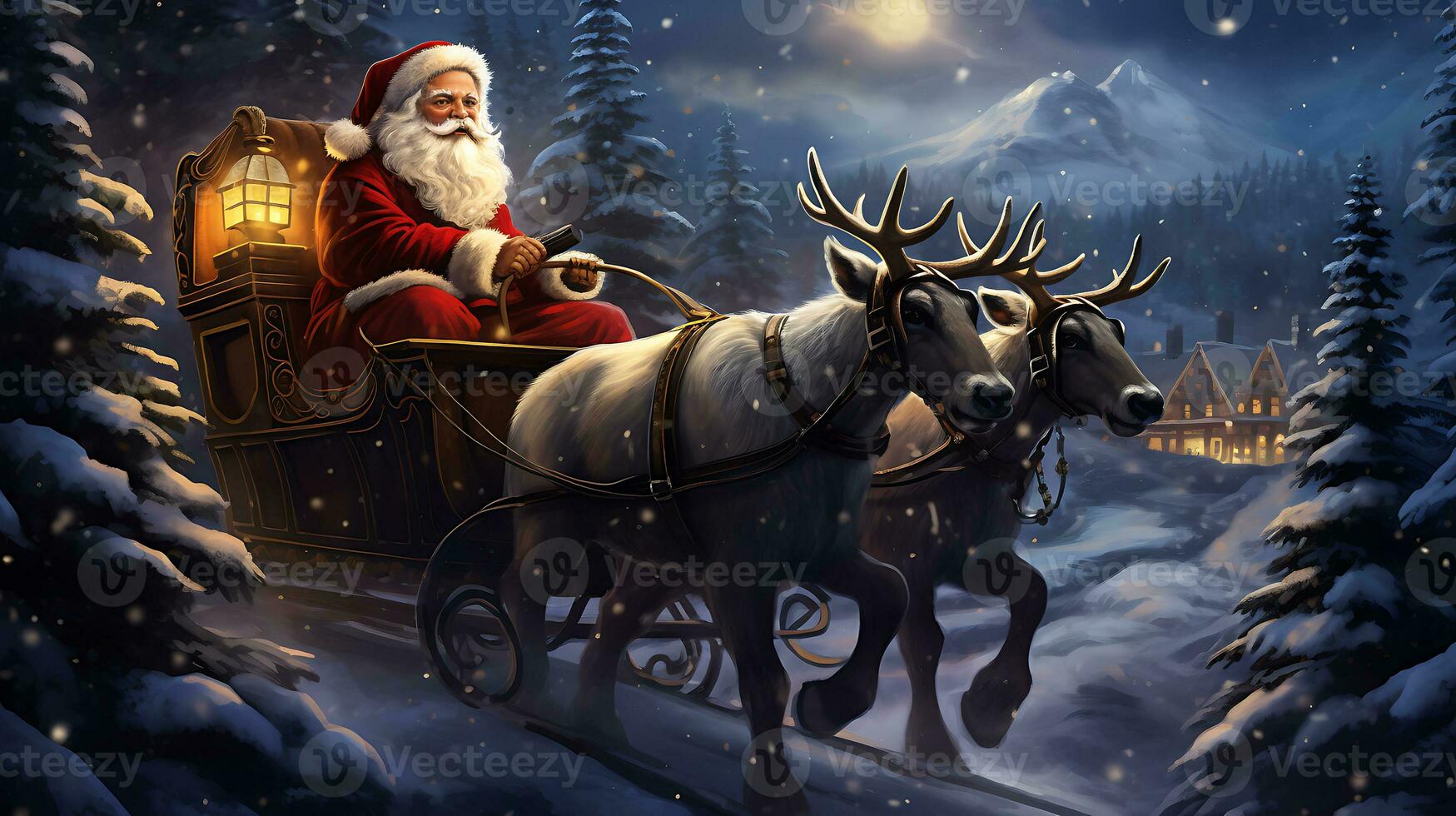 Santa near sleigh in the style of digital art generated by Ai photo