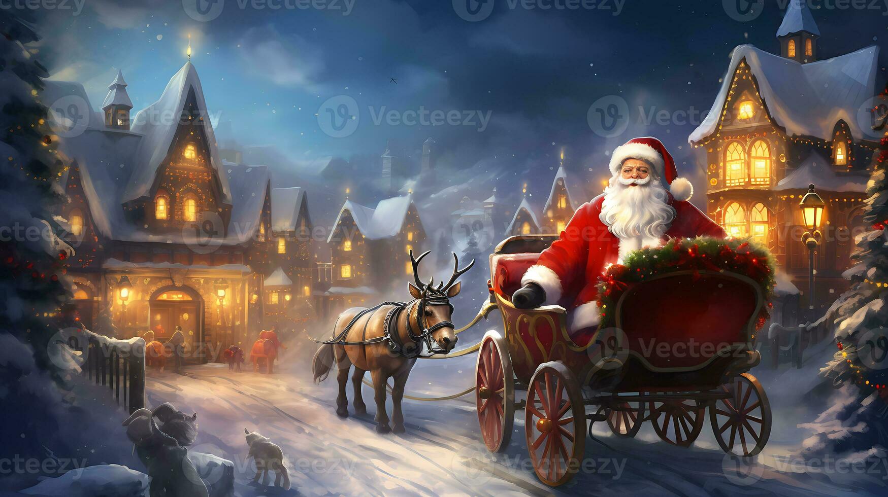 Santa near sleigh in the style of digital art generated by Ai photo