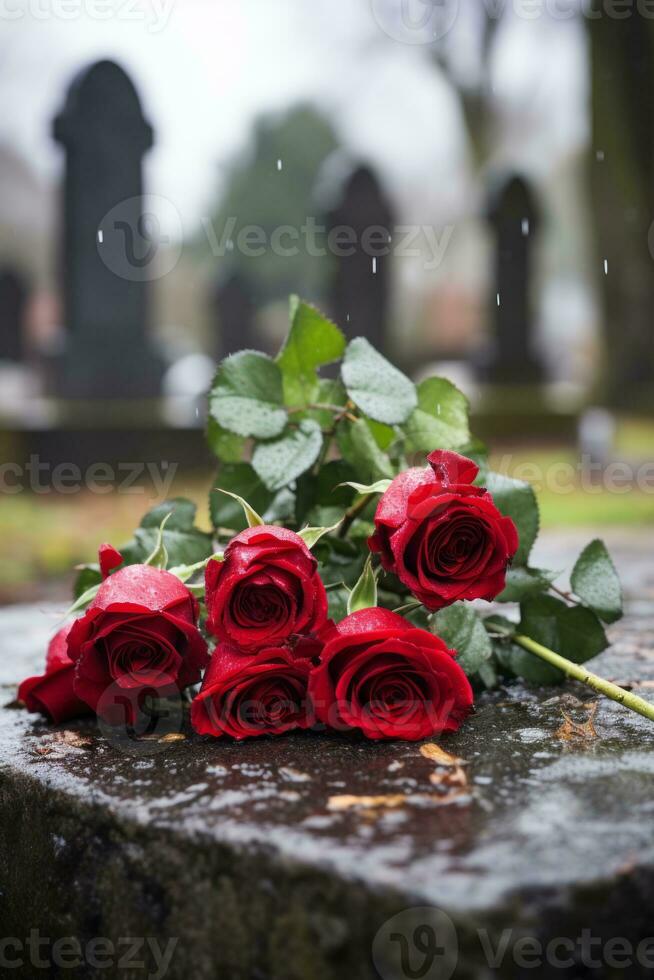 rojo rosas son metido en un lápida sepulcral en el lluvia generativo ai foto
