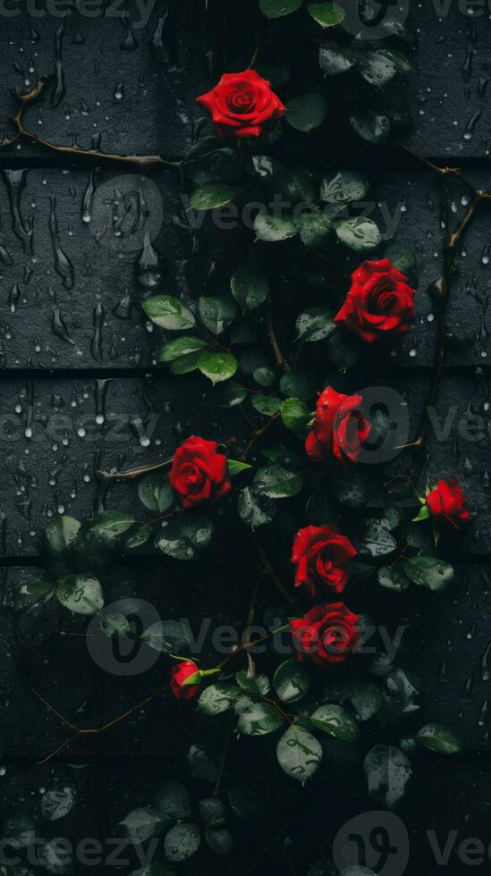 rojo rosas en un negro antecedentes con gotas de lluvia generativo ai foto