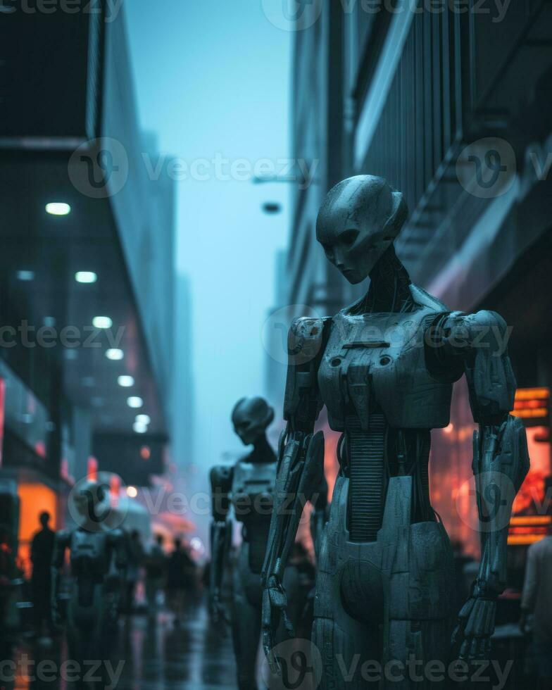 robot walking in the rain on a city street generative ai photo