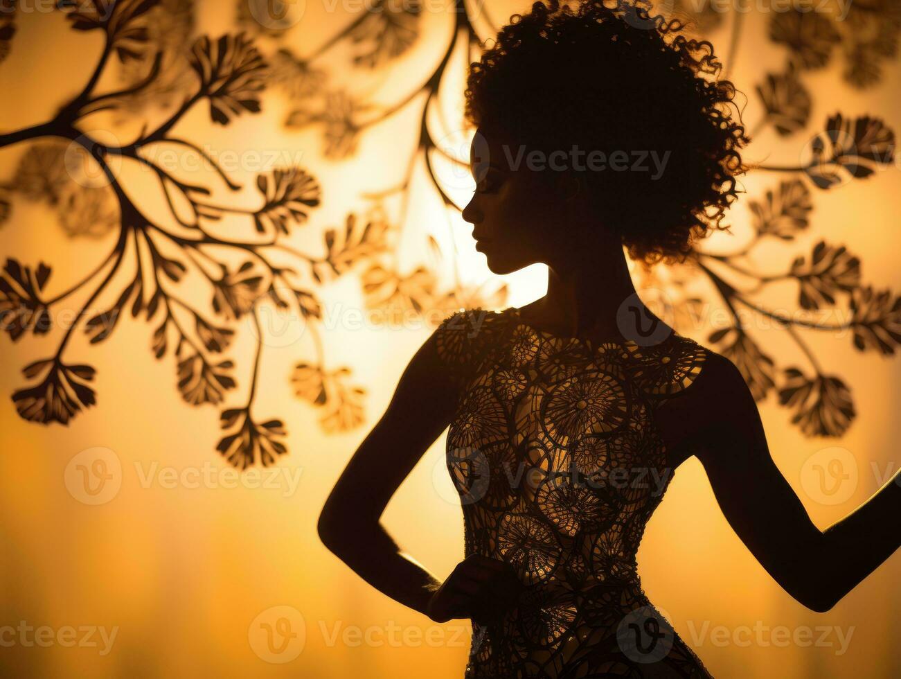 silhouette of a beautiful woman in a gold dress standing in front of a tree generative ai photo