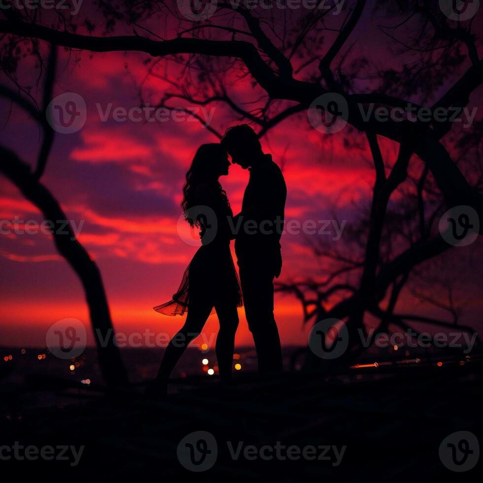 silhouette of a couple kissing under a tree at sunset generative ai photo