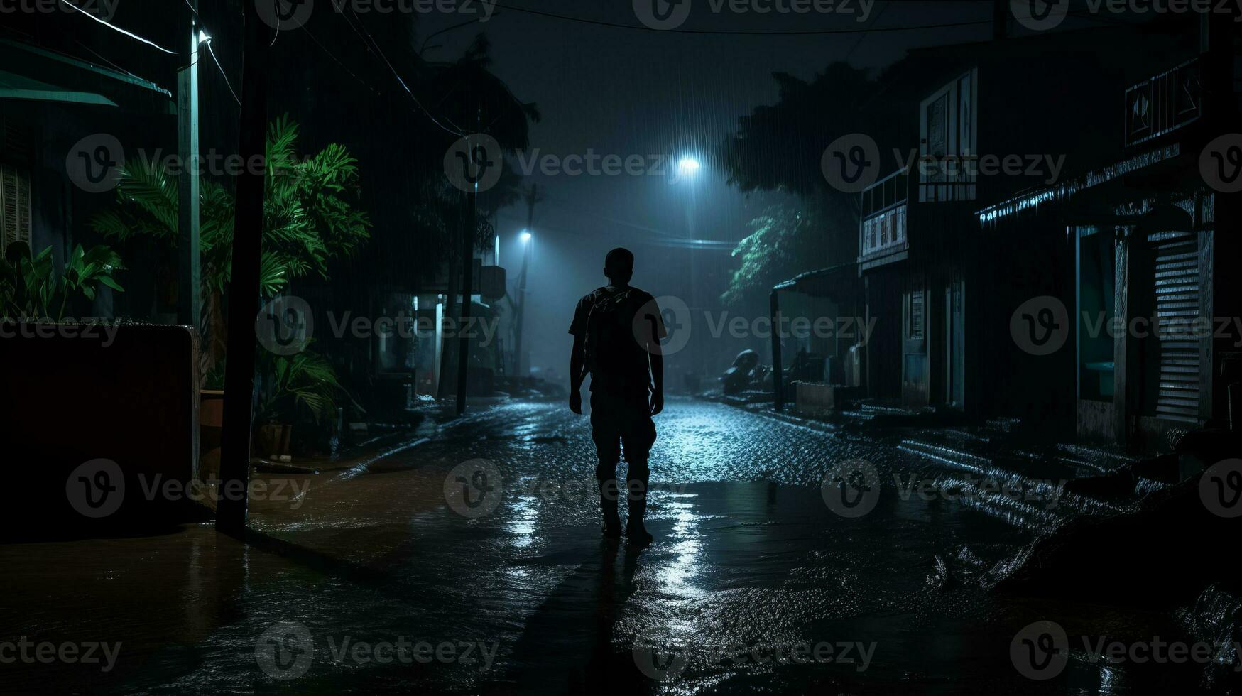 silhouette of a man walking down a dark street at night generative ai photo
