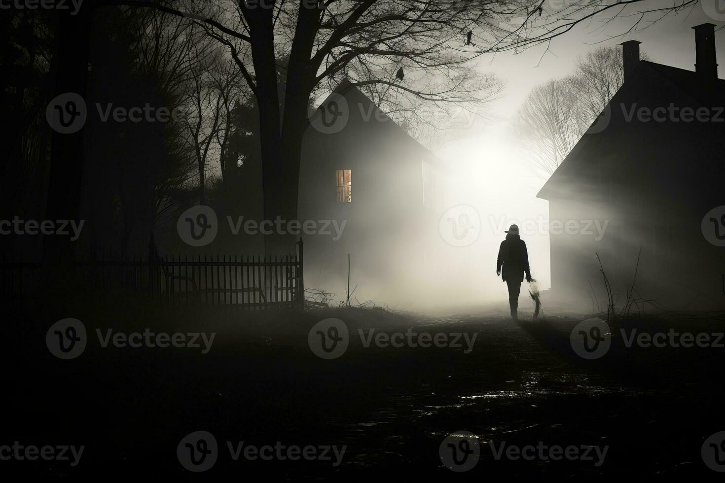 silhouette of a man walking in the fog generative ai photo