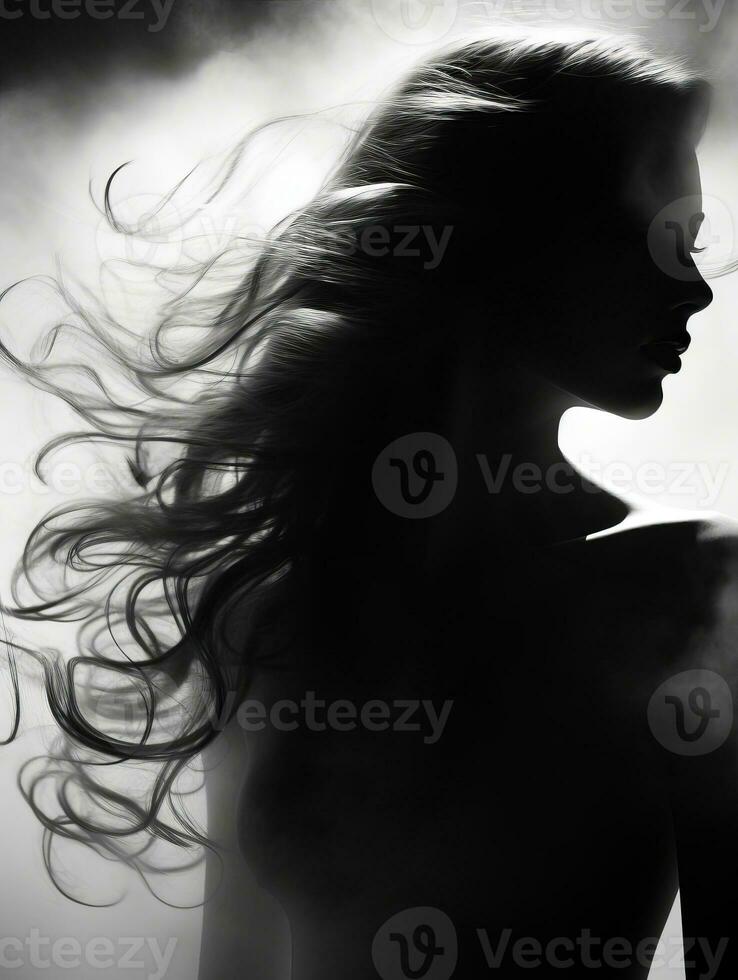 silhouette of a beautiful woman with her hair blowing in the wind generative ai photo
