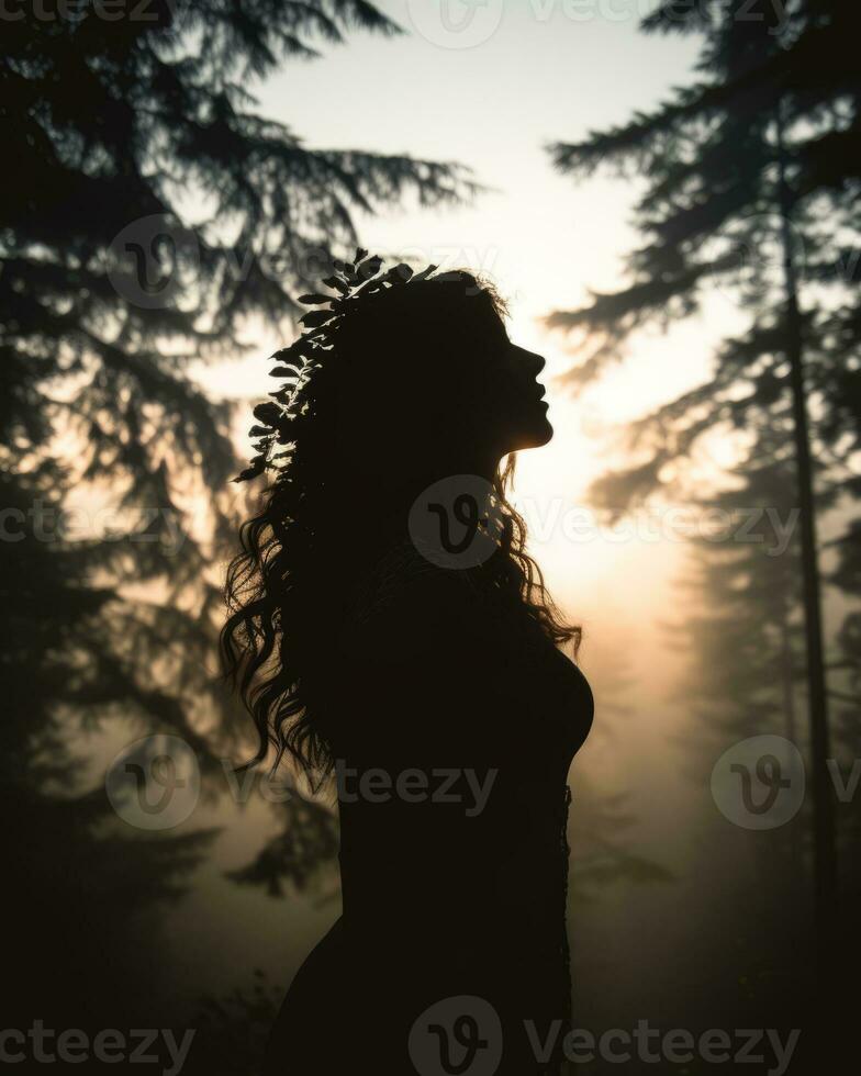 silhouette of a woman in a forest at sunset generative ai photo