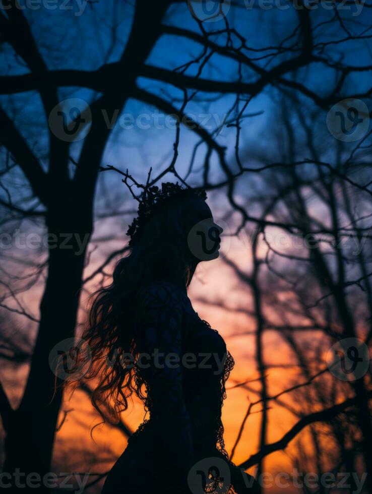 silhouette of a woman in a forest at sunset generative ai photo