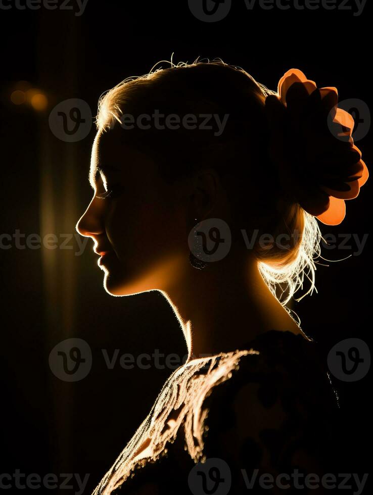 silhouette of a woman with a flower in her hair generative ai photo