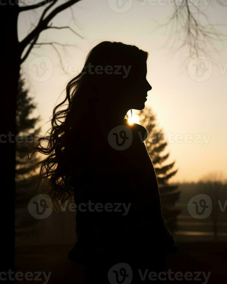 silhouette of a woman standing in front of a tree at sunset generative ai photo