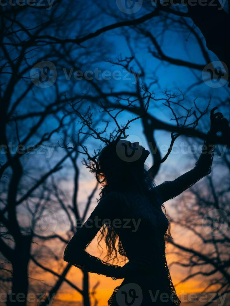 silhouette of a woman standing in front of trees at sunset generative ai photo