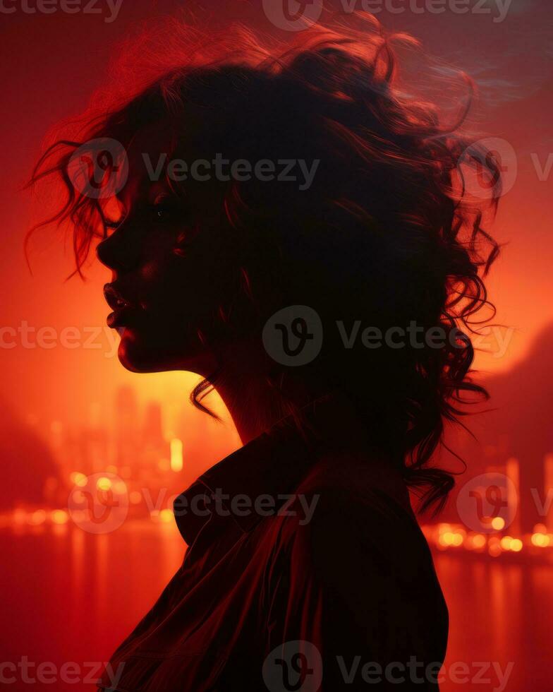 silhouette of a woman with red hair in front of a city at night generative ai photo