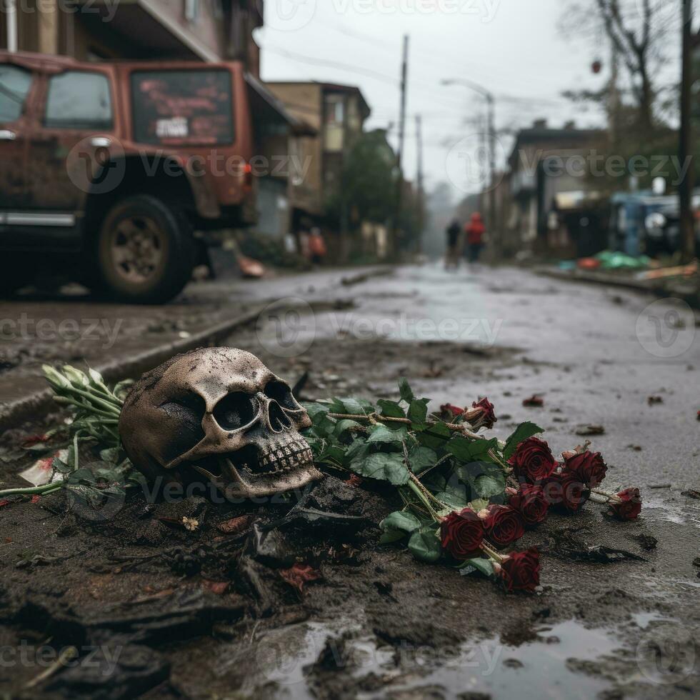 cráneo y rosas en un lodoso calle generativo ai foto