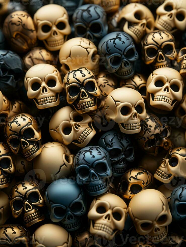 skulls are arranged in a pile of gold and black skulls generative ai photo