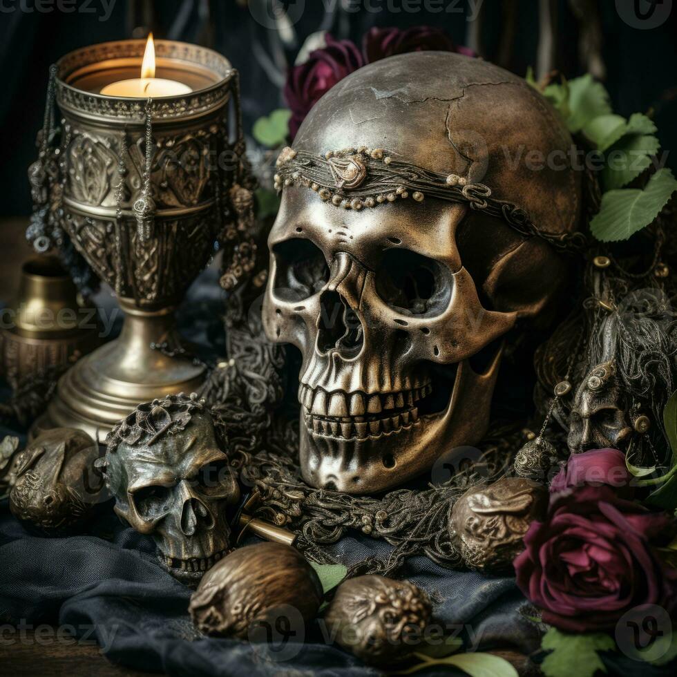 calaveras velas y rosas en un oscuro paño generativo ai foto
