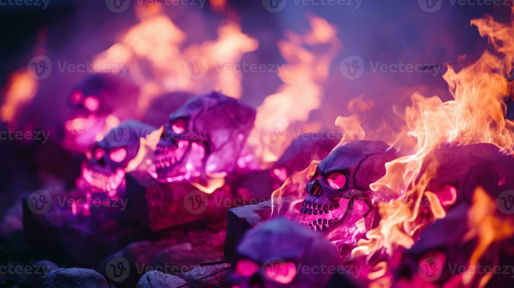 skulls on fire with purple flames in the background generative ai photo
