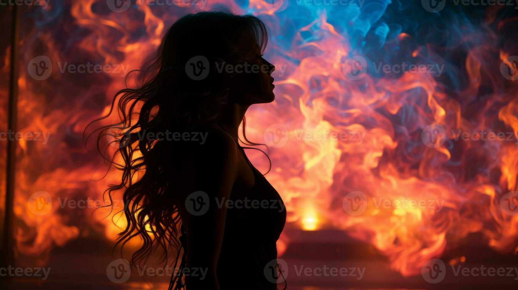 silhouette of a woman with long hair in front of a fire generative ai photo
