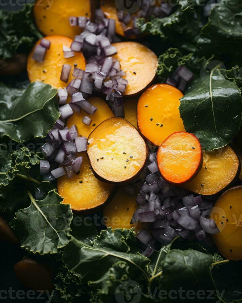slices of orange carrots and onions on a plate generative ai photo