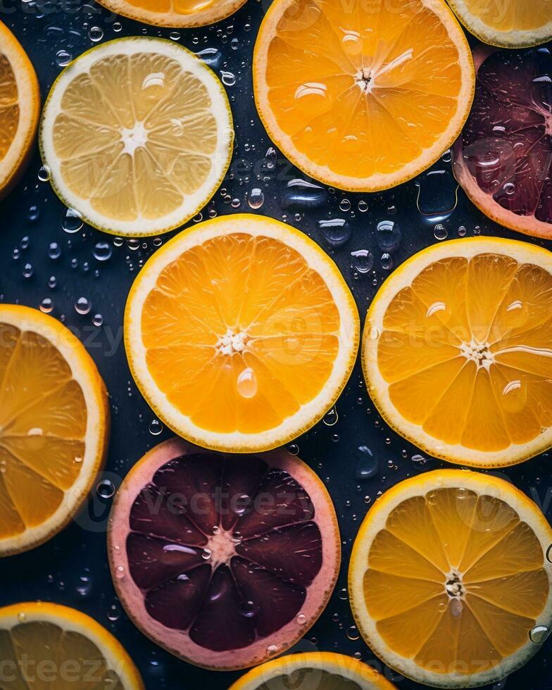 slices of oranges and lemons on a black surface generative ai photo