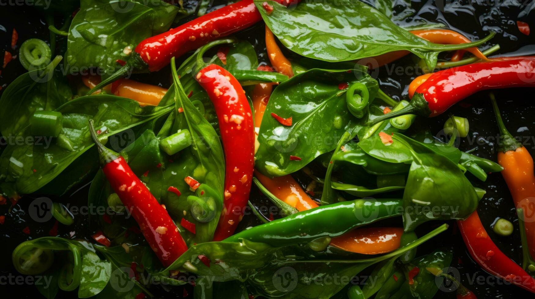 spinach red peppers and green peppers on a black background generative ai photo