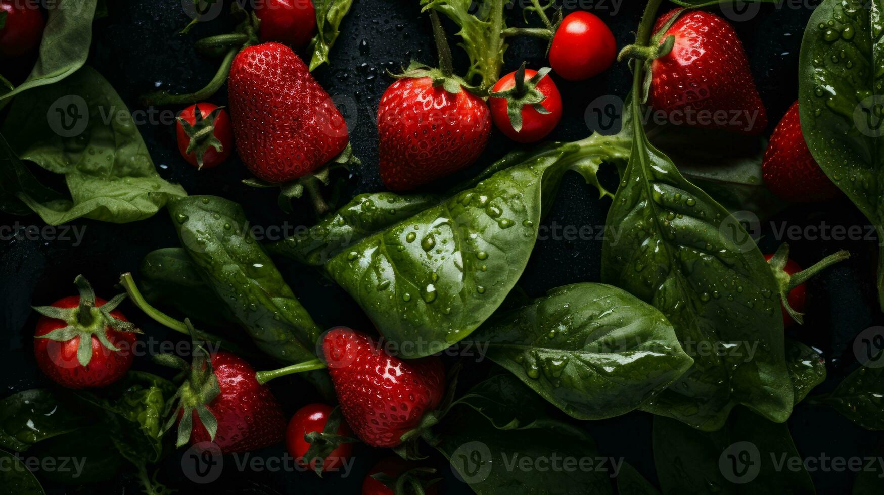 strawberries and spinach on a black background generative ai photo