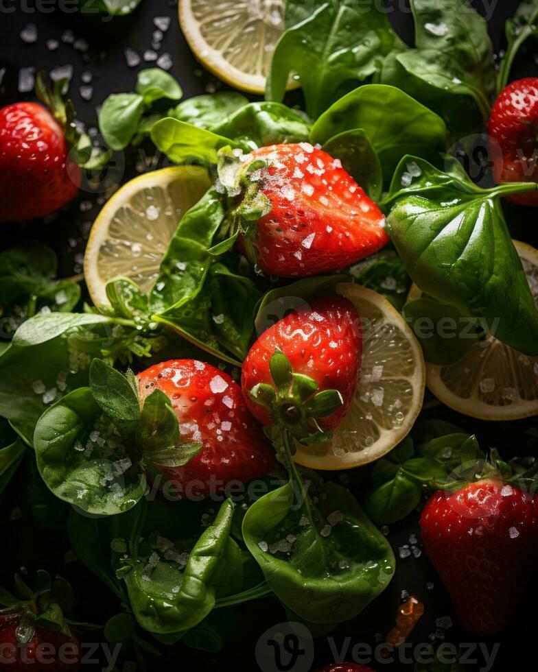 strawberries lemon and spinach on a black background generative ai photo