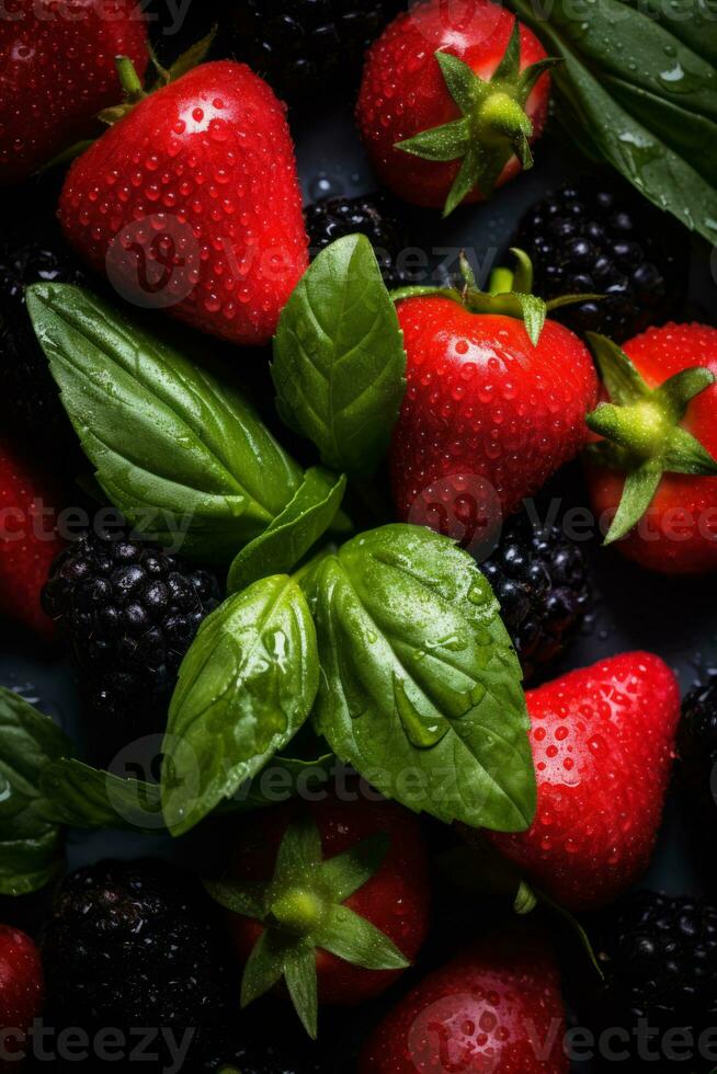 strawberries blackberries and basil on a black background generative ai photo