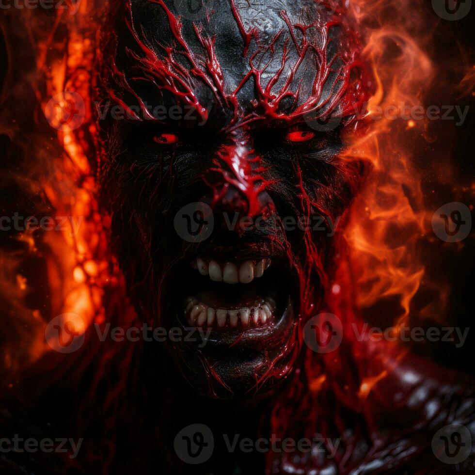 the face of a demon is covered in red flames generative ai photo
