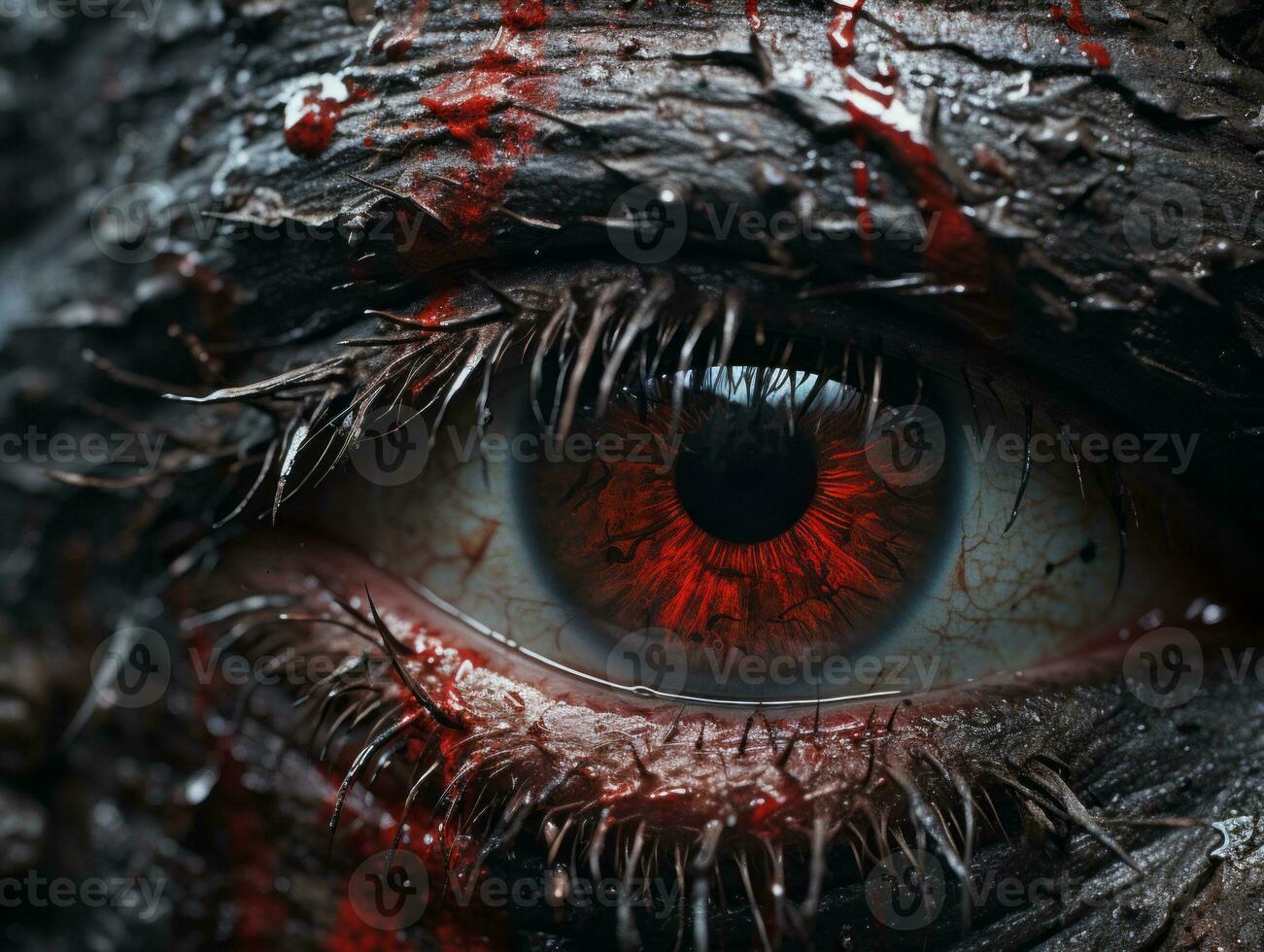 the eye of a zombie is covered in blood generative ai photo