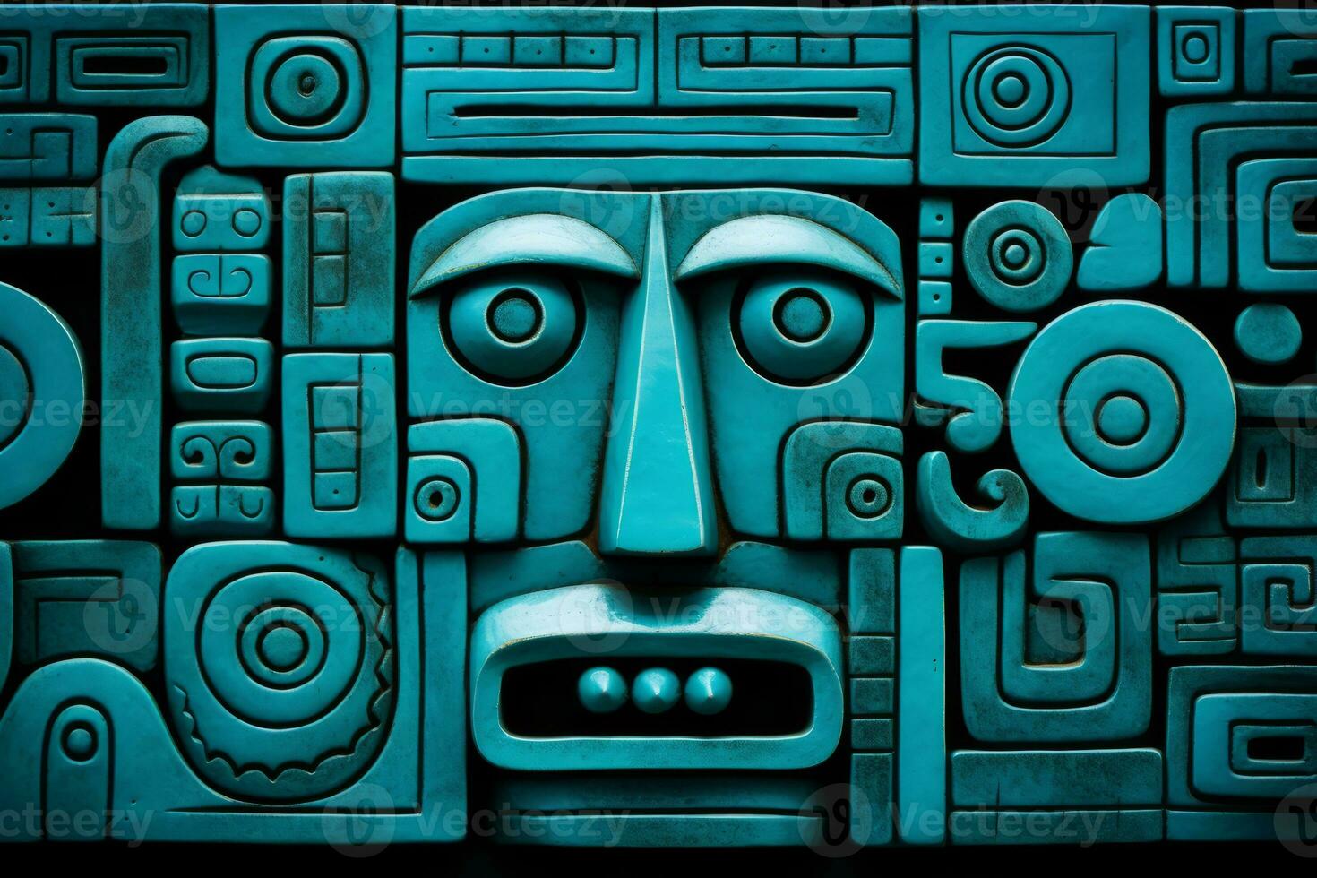 the face of a blue aztec mask on a black background generative ai photo