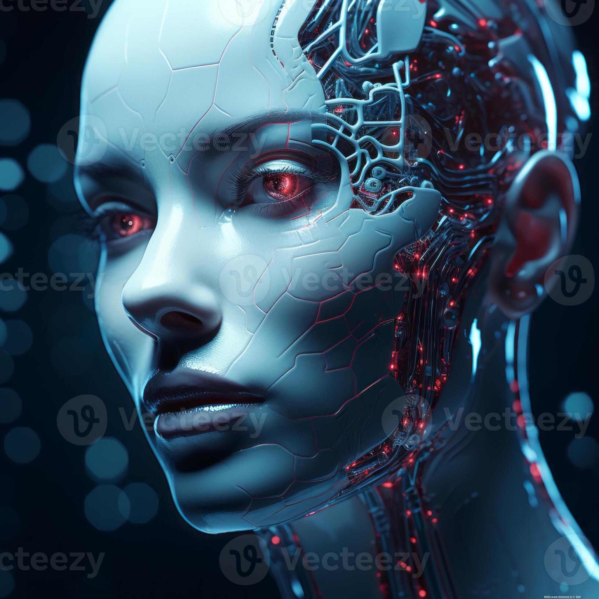the face of a female robot with glowing red eyes generative ai 32128904