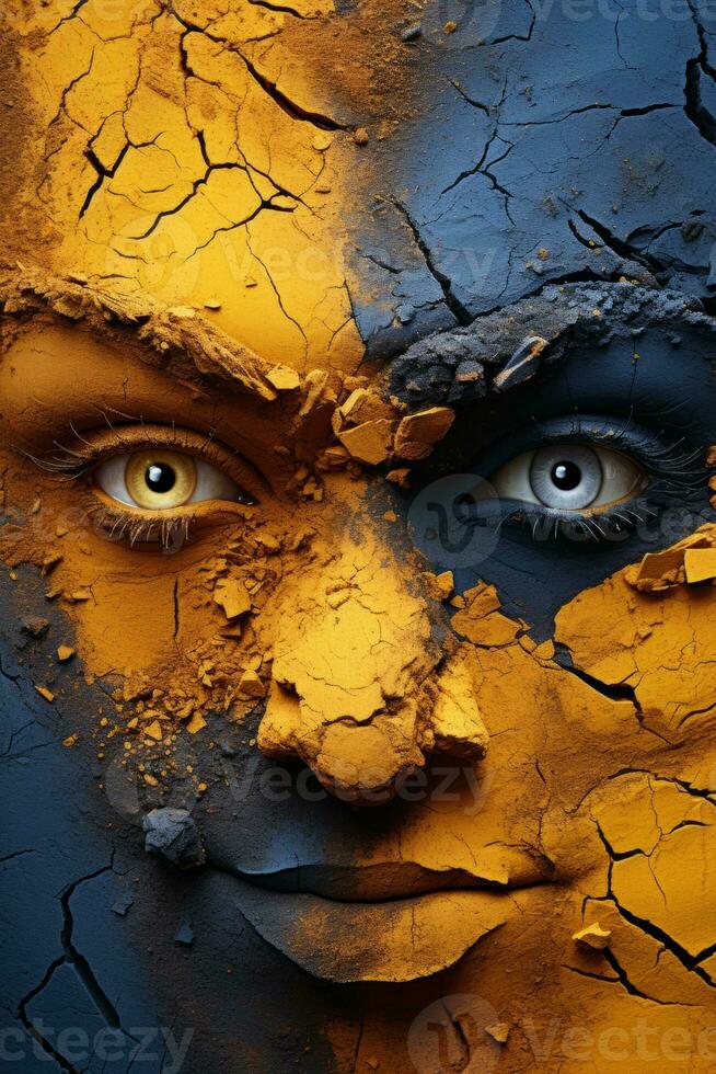 the face of a woman with blue and yellow paint on her face generative ai photo
