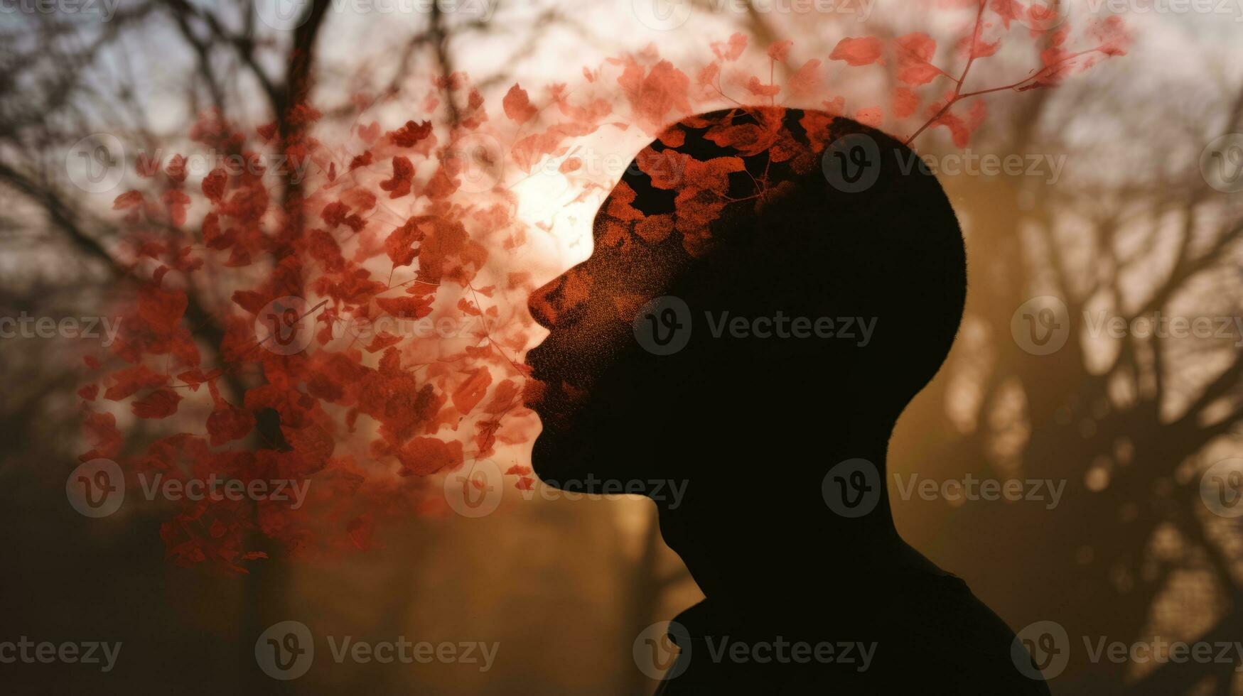 the silhouette of a man with leaves blowing in his face generative ai photo