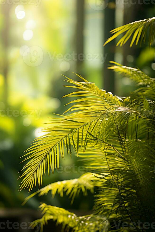 the sun is shining through the leaves of a palm tree generative ai photo